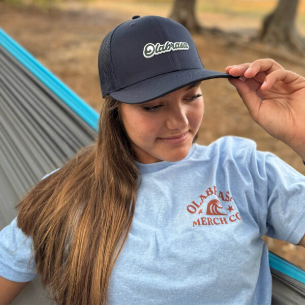 Olabrasa Script Curved SnapBack Hat - Navy, White & Olive